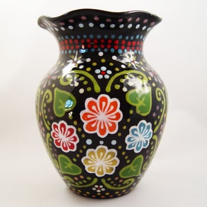 Hand-Painted Medium Black Ceramic Round Floral Vase