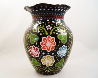 Hand-Painted Medium Black Ceramic Round Floral Vase