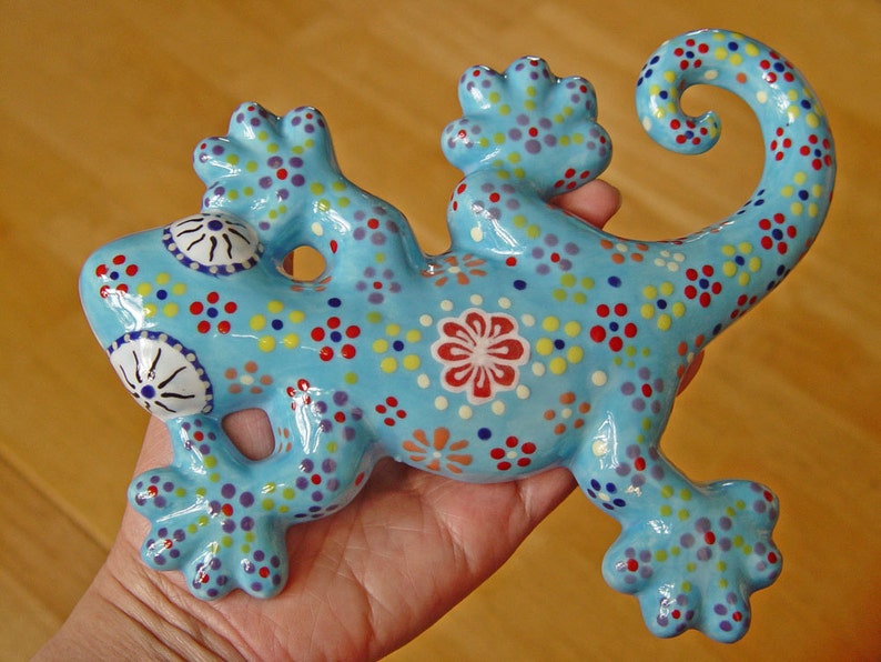Handpainted Wall Art Blue Floral Ceramic Gecko Etsy