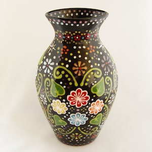 Hand-Painted Large Black Ceramic Floral Vase