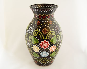 Hand-Painted Large Black Ceramic Floral Vase