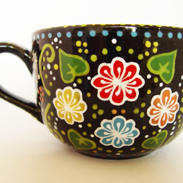 Hand-Painted Jumbo Black Ceramic Floral Mug/Soup Cup (24 oz.)