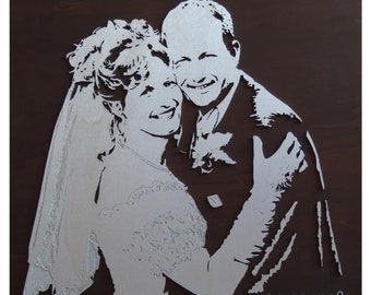 Custom: unique portrait of the bridal couple as a gift for wooden wedding, copper, silver, gold wedding
