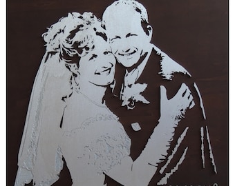 Personalizado: retrato único en 3D de madera de una pareja de recién casados como regalo para un aniversario de boda de madera, cobre, plata u oro.