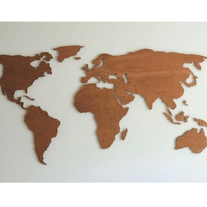 Carte du monde 3D en bois XXL avec frontières des pays gravées, flottant au mur