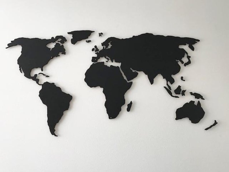 Puede incluir: Una silueta negra del mapa del mundo sobre un fondo blanco.