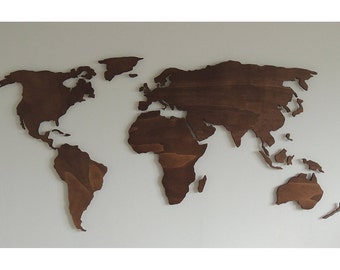 3D houten wereldkaart XL, zwevend op de muur - houten wanddecoratie - in vele kleuren en 3 maten