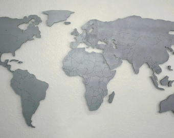 Magnetic wooden world map with country borders, floating on the wall, in black, white, silver or your own color, in 3 sizes