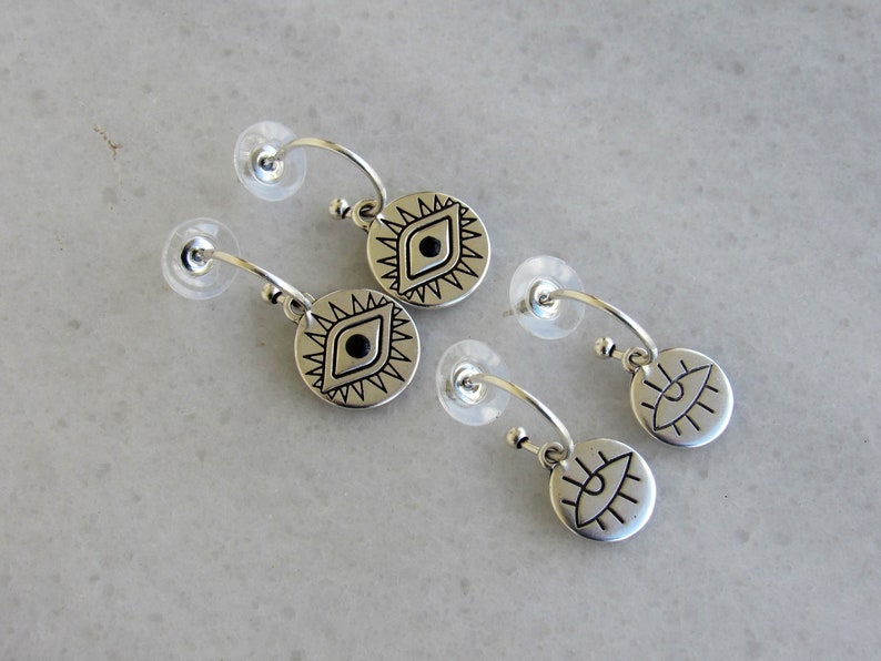 Minimalist Disc Earrings Silver Hoop Earrings with Coin Evil Eye Charm Circle Coin Pendant Everyday Jewelry