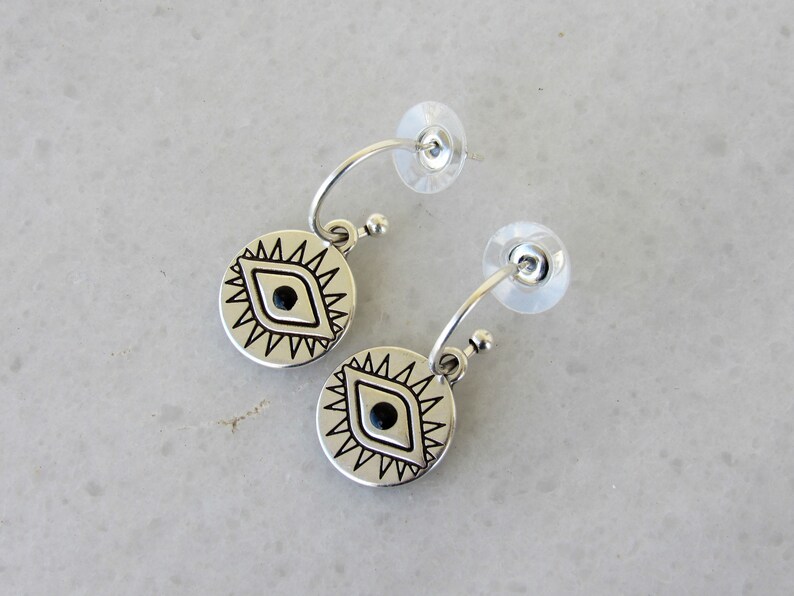 Minimalist Disc Earrings Silver Hoop Earrings with Coin Evil Eye Charm Circle Coin Pendant Everyday Jewelry