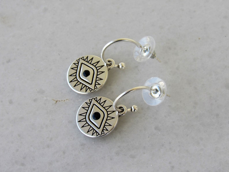 Minimalist Disc Earrings Silver Hoop Earrings with Coin Evil Eye Charm Circle Coin Pendant Everyday Jewelry