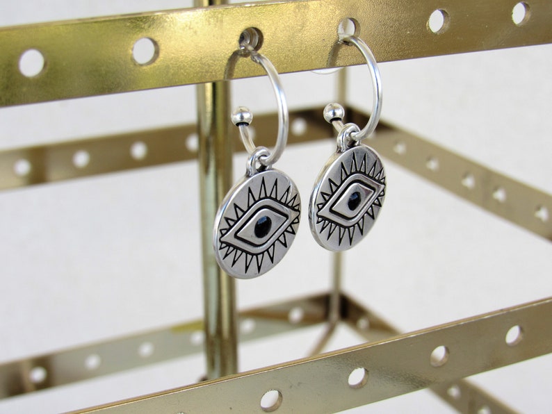 Minimalist Disc Earrings Silver Hoop Earrings with Coin Evil Eye Charm Circle Coin Pendant Everyday Jewelry