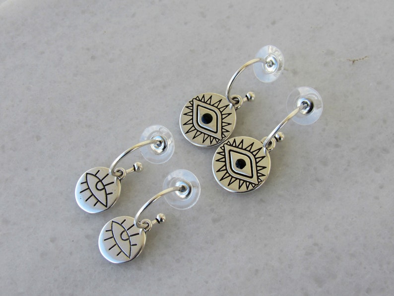 Minimalist Disc Earrings Silver Hoop Earrings with Coin Evil Eye Charm Circle Coin Pendant Everyday Jewelry