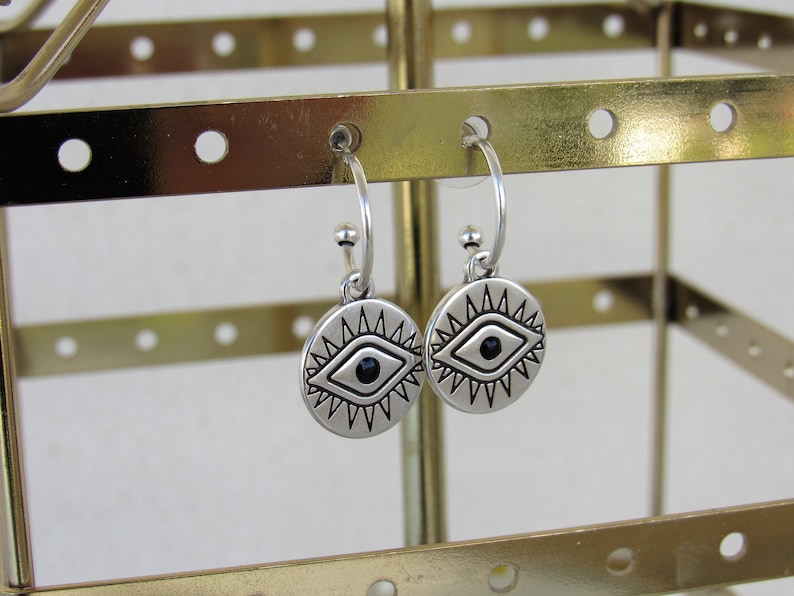 Minimalist Disc Earrings Silver Hoop Earrings with Coin Evil Eye Charm Circle Coin Pendant Everyday Jewelry