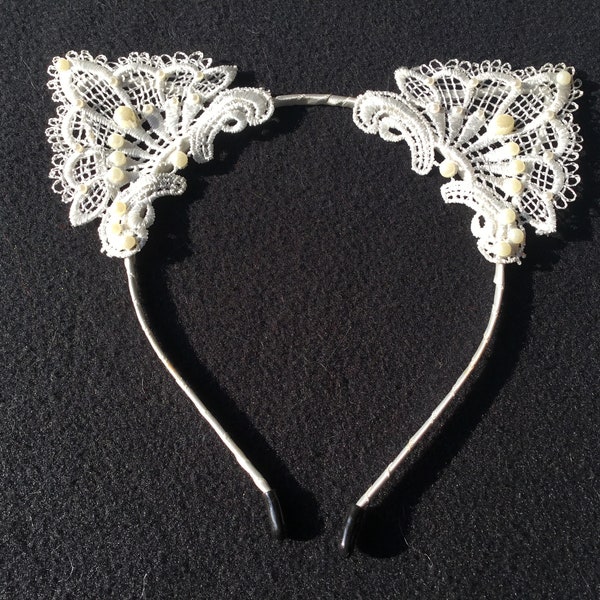 Ivory lace and pearl kitten ears