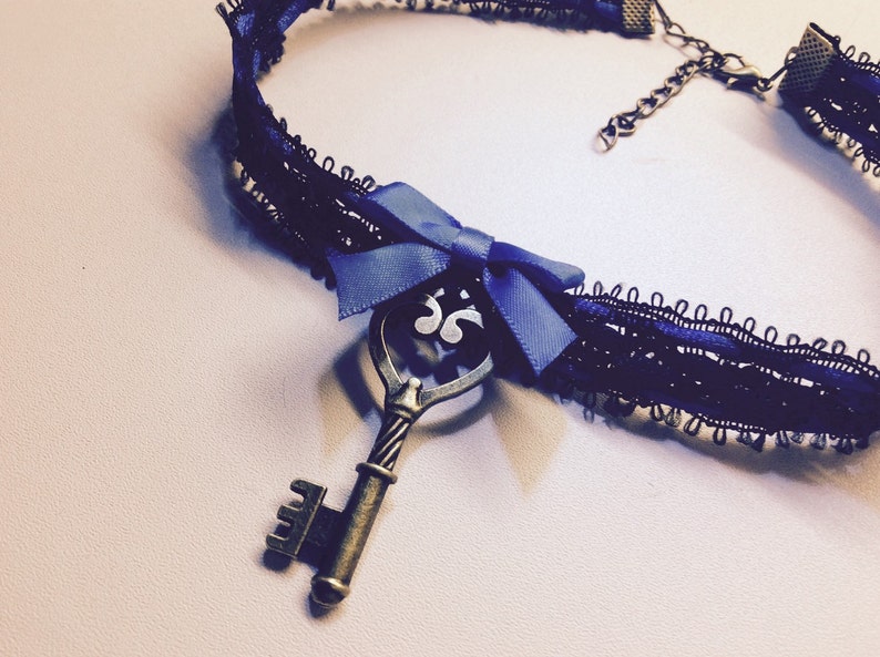 Cute black and blue choker collar with key pendant Kitten play.