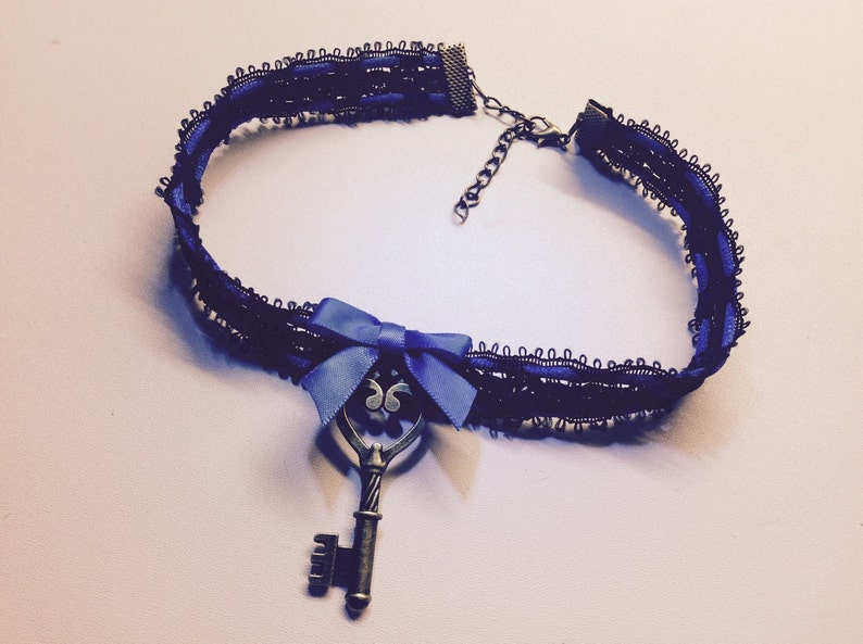 Cute black and blue choker collar with key pendant Kitten play.