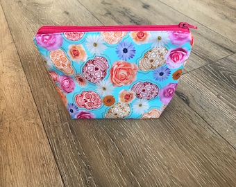 Skull flower pencil case, skull flower bag, colourful bag, teacher gift, reuseable wipes, make up bag set, weekend bag, wash bag