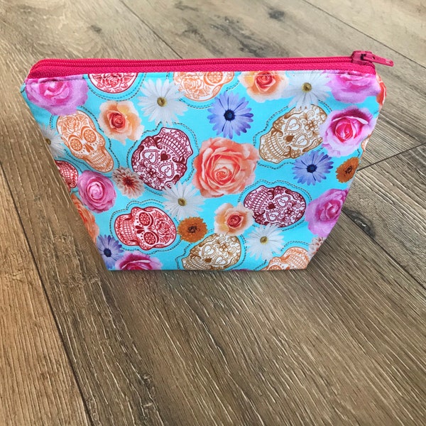 Skull flower pencil case, skull flower bag, colourful bag, teacher gift, reuseable wipes, make up bag set, weekend bag, wash bag