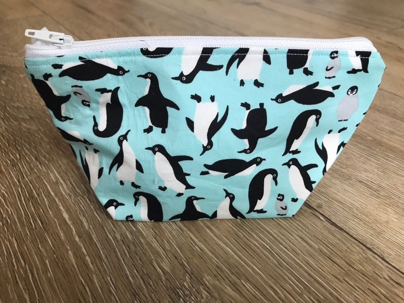 Penguin bag, penguin print, penguin gift, penguin lover gift, zip bag, teen girl gift, mothers day gift, nana gift, wipe clean lining image 1