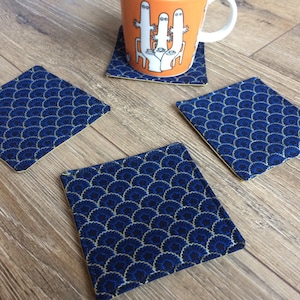 Navy / gold coasters, fabric coasters, scalloped print, new home gift, housewarming gift, washable coasters, mothers day gift, wedding gift
