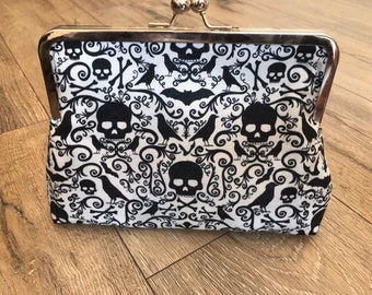 Gothic bag, gothic print, gothic gift, halloween bag, skull bag, skull print, raven bag, raven print, gothic accessories, kiss lock bag