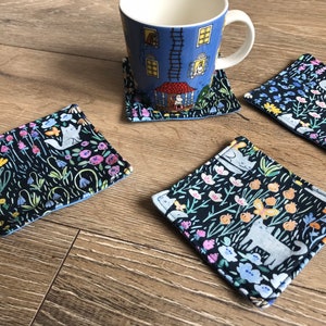 Cat coasters, cat gift, cat print, wild flower gift, wildflower print, teacher gift, quilted coasters, housewarming gift, new home gift,