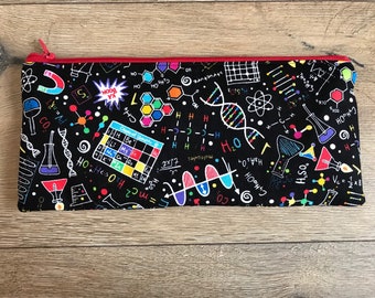 Science pencil case, science bag, science print, teacher gift, reuseable wipes, make up bag set, weekend bag, wash bag