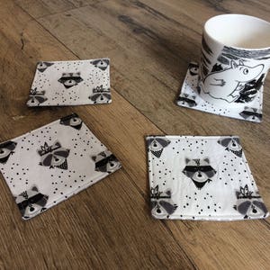 Raccoon coasters, raccoon gift, raccoon print, fabric coasters, monochrome coasters, animal coasters, animal print, new home gift image 1