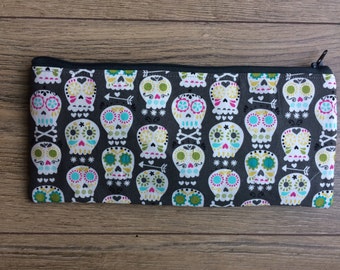 Sugar skull pencil case, sugar skull bag, sugar skull print, sugar skull gift, make up bag, cosmetics bag, zip bag, zip pouch