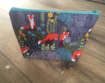 Fox bag, fox print, fox gift, fox lover, cosmetics bag, wash bag, zip bag, stocking filler, stocking stuffer, make up lover, teen gift