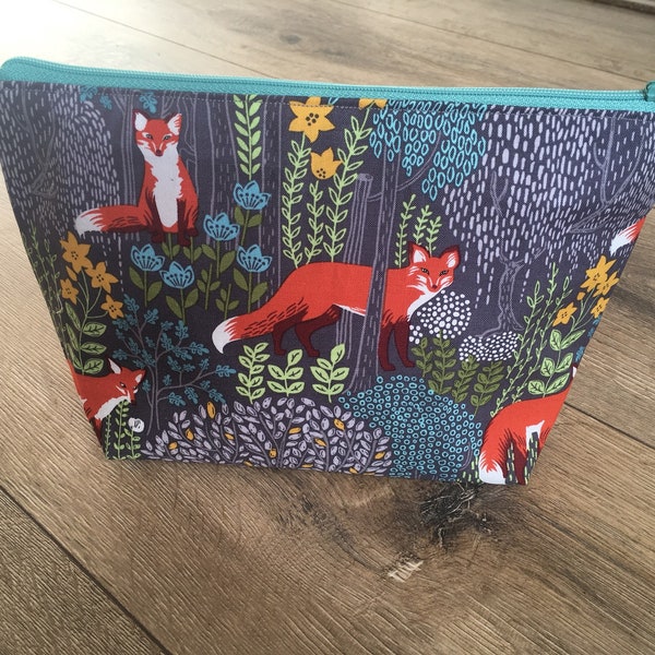 Fox bag, fox print, fox gift, fox lover, cosmetics bag, wash bag, zip bag, stocking filler, stocking stuffer, make up lover, teen gift