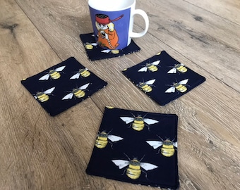 Bee coasters, bee print, bee gift, bee lover, bee accessories, bee decor, teacher gift, fabric coasters, housewarming gift, new home gift