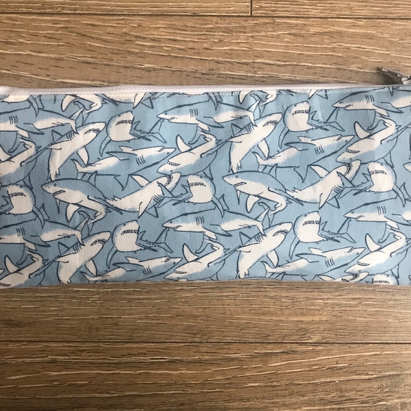 Shark bag, shark pencil case, shark print, cheetah gift, zip bag, teacher gift, reuseable wipes, shark bag set, weekend bag, back to school