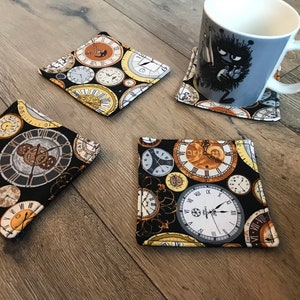 Clock coasters, clock print, clock gift, fabric coasters, new home gift, housewarming gift, teacher gift, tea lover gift, steampunk gift