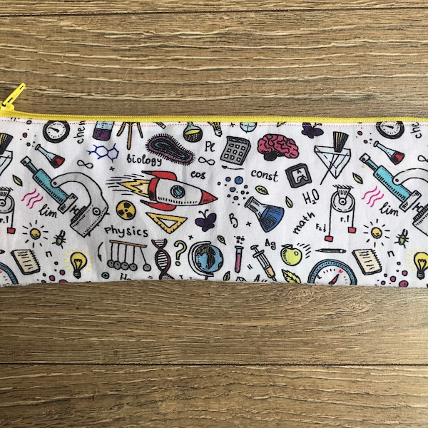 Science pencil case, science bag, science print, teacher bag, teacher gift, reuseable wipes, make up bag set, weekend bag, wash bag