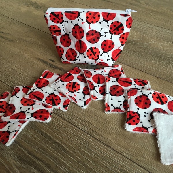 Ladybird bag, ladybug bag, ladybird gift, ladybug print, reusable wipe, zero waste, wipes with bag, zip bag, reusable face wipe, mothers day