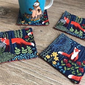 Fox coasters, fox print, fox gift, fabric coasters, fox decor, new home gift, teacher gift, housewarming gift, woodland coasters