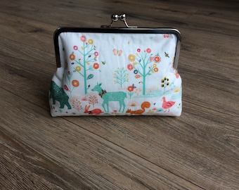 Woodland clutch bag, animal print bag, border bag, rabbit bag, duck bag, kiss pinch bag, gift for her, woodland print, woodland gift