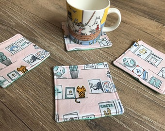 Fabric coasters, book print, book gift, teacher gift, cat coasters, book homeware, new home gift, housewarming gift, cat lover gift