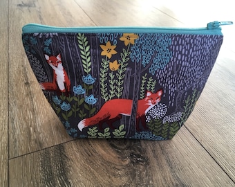 Fox bag, fox print, fox gift, fox lover gift, make up bag, small make up bag, wipe clean lining, mothers day gift, teen gift, small zip bag