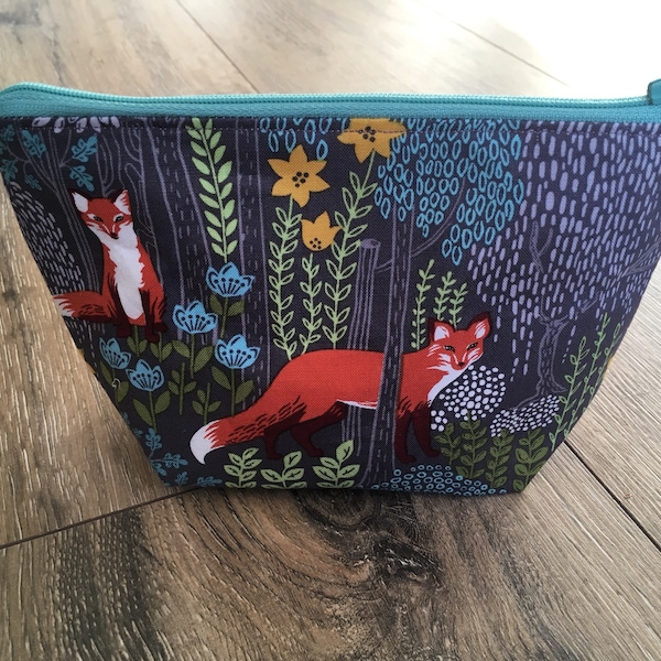 Fox bag, fox print, fox gift, fox lover gift, make up bag, small make up bag, wipe clean lining, mothers day gift, teen gift, small zip bag