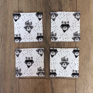 Raccoon coasters, raccoon gift, raccoon print, fabric coasters, monochrome coasters, animal coasters, animal print, new home gift image 3