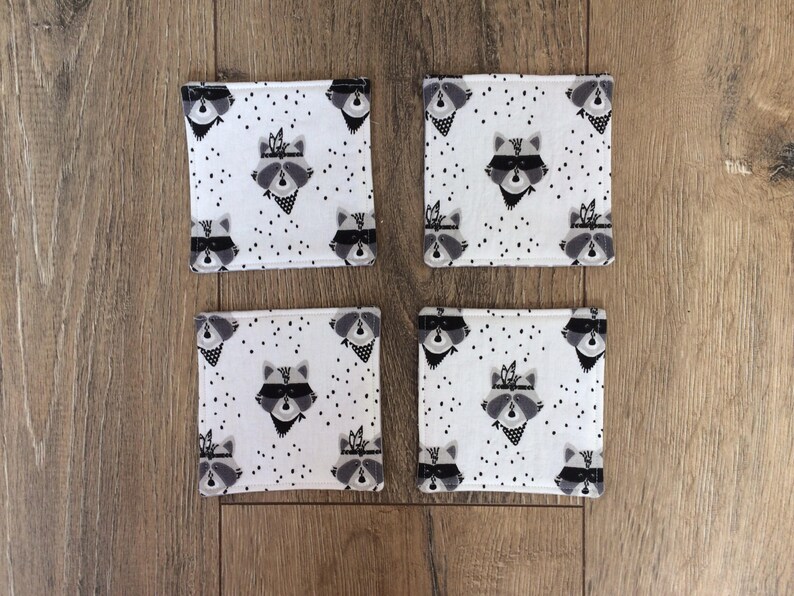 Raccoon coasters, raccoon gift, raccoon print, fabric coasters, monochrome coasters, animal coasters, animal print, new home gift image 3