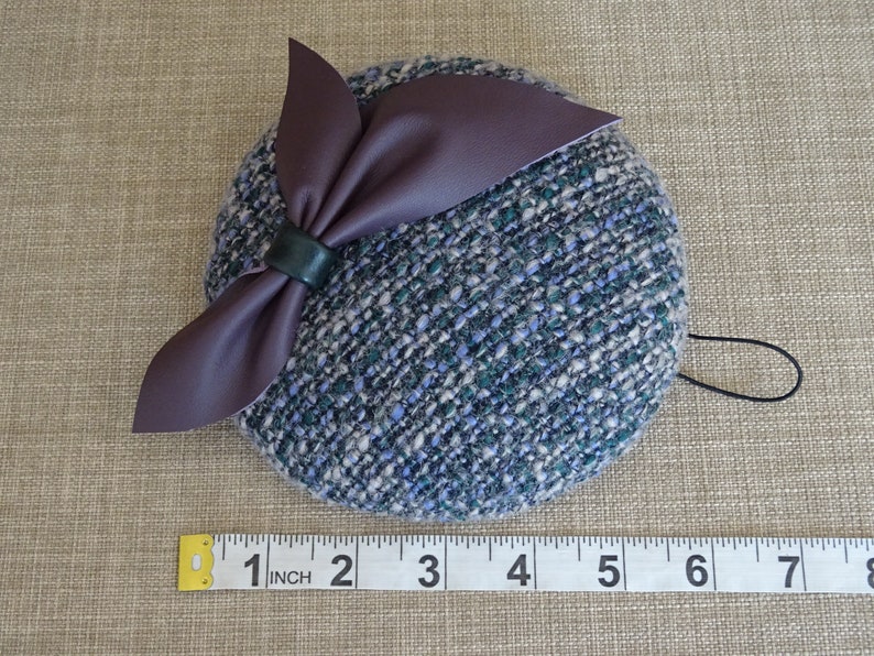 Vintage inspired boucle pillbox hat button shaped fascinator with purple leather bow CK43 lavender green beret style cocktail hat