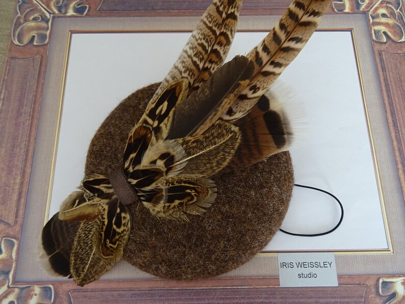 winter wedding wool fascinator with feathers Brown pillbox hat 60/'s vintage style button hatinator HT90
