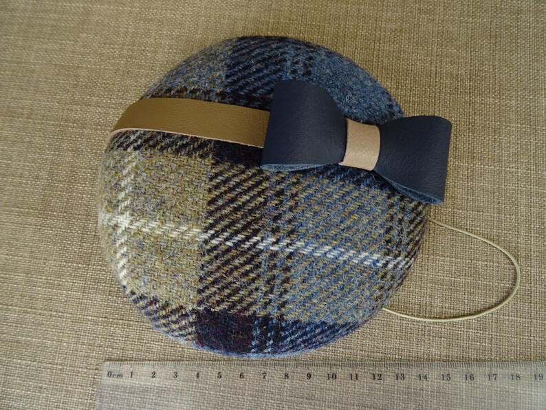 winter wedding headpiece HT19 modern cocktail hat Blue and beige pillbox hat Harris tweed 100/% wool fascinator with leather bow