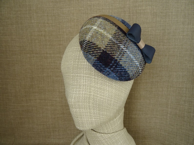 winter wedding headpiece HT19 modern cocktail hat Blue and beige pillbox hat Harris tweed 100/% wool fascinator with leather bow