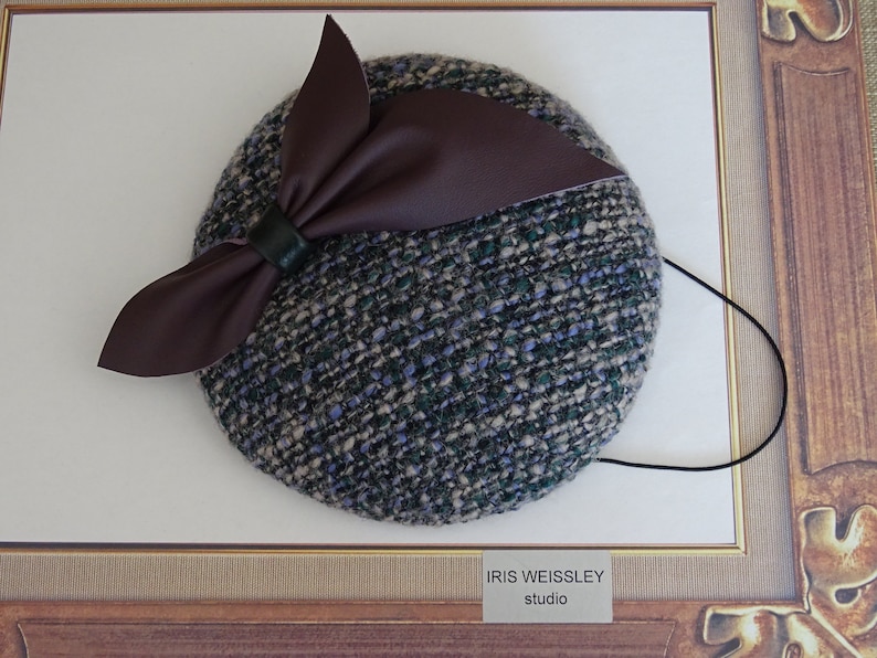 Vintage inspired boucle pillbox hat button shaped fascinator with purple leather bow CK43 lavender green beret style cocktail hat