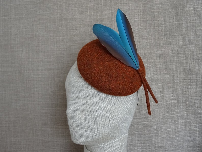 autumn wedding hat PF27 Rust brown pillbox hat with parrot feathers Harris tweed wool fascinator vintage style goodwood festival